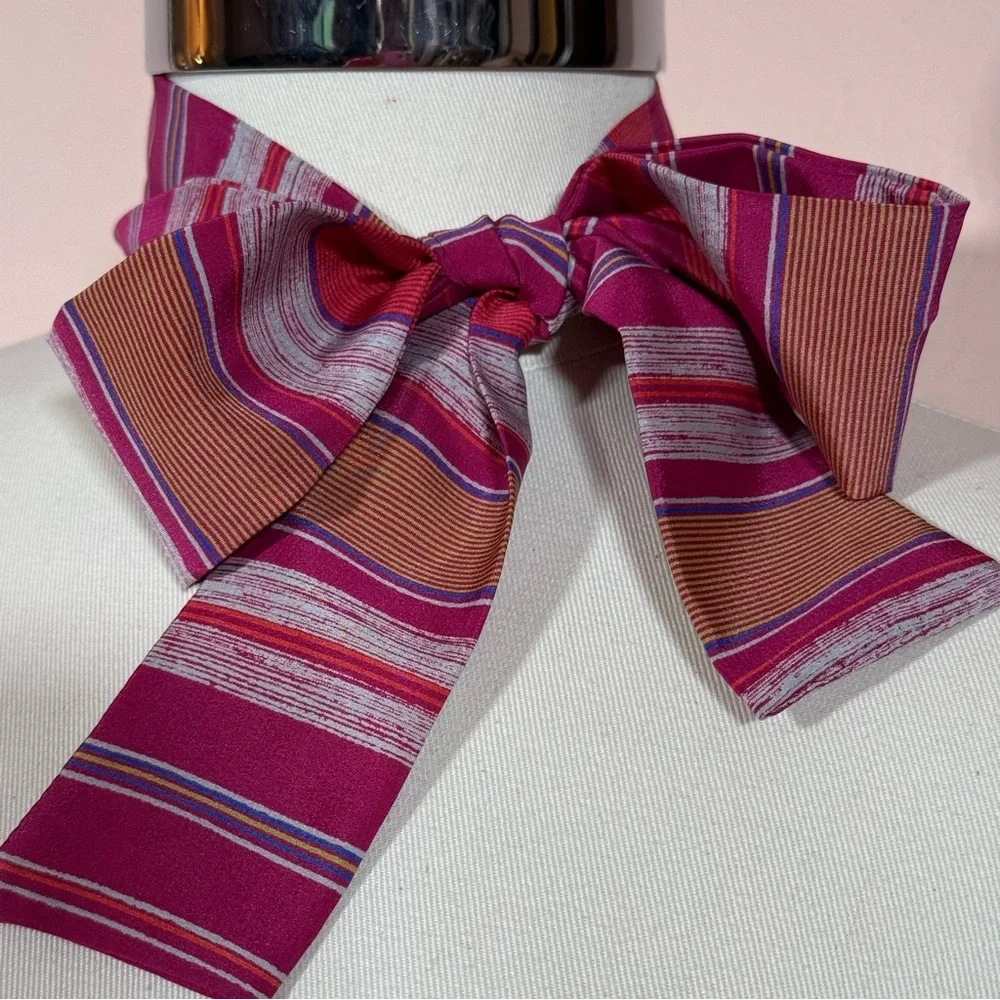 Vintage 1970 80 academia Stripe Magenta Camel Long skinny Bow Neck Scarf Twilly